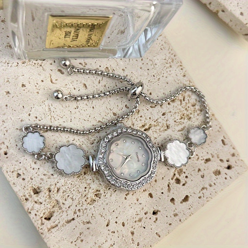 Reloj de pulsera con flor minimalista para mujer, joyería en tono plateado, regalo