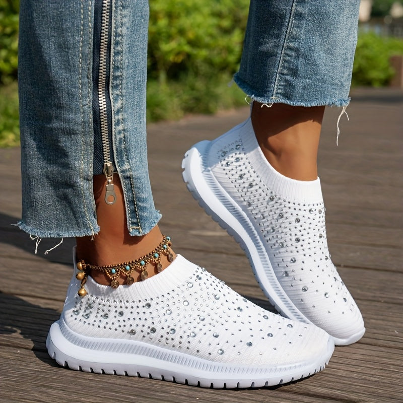Women's Breathable Slip-On Casual Sneakers with Sparkling Crystal Accents