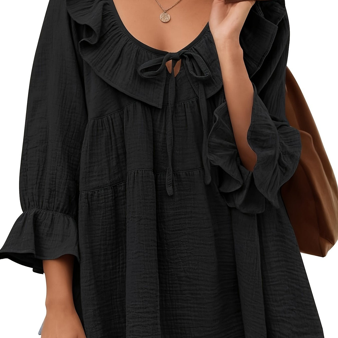 Plus Size Women's Ruffled Viscose Blouse with Ruffled Neck and Drawstring Waist
