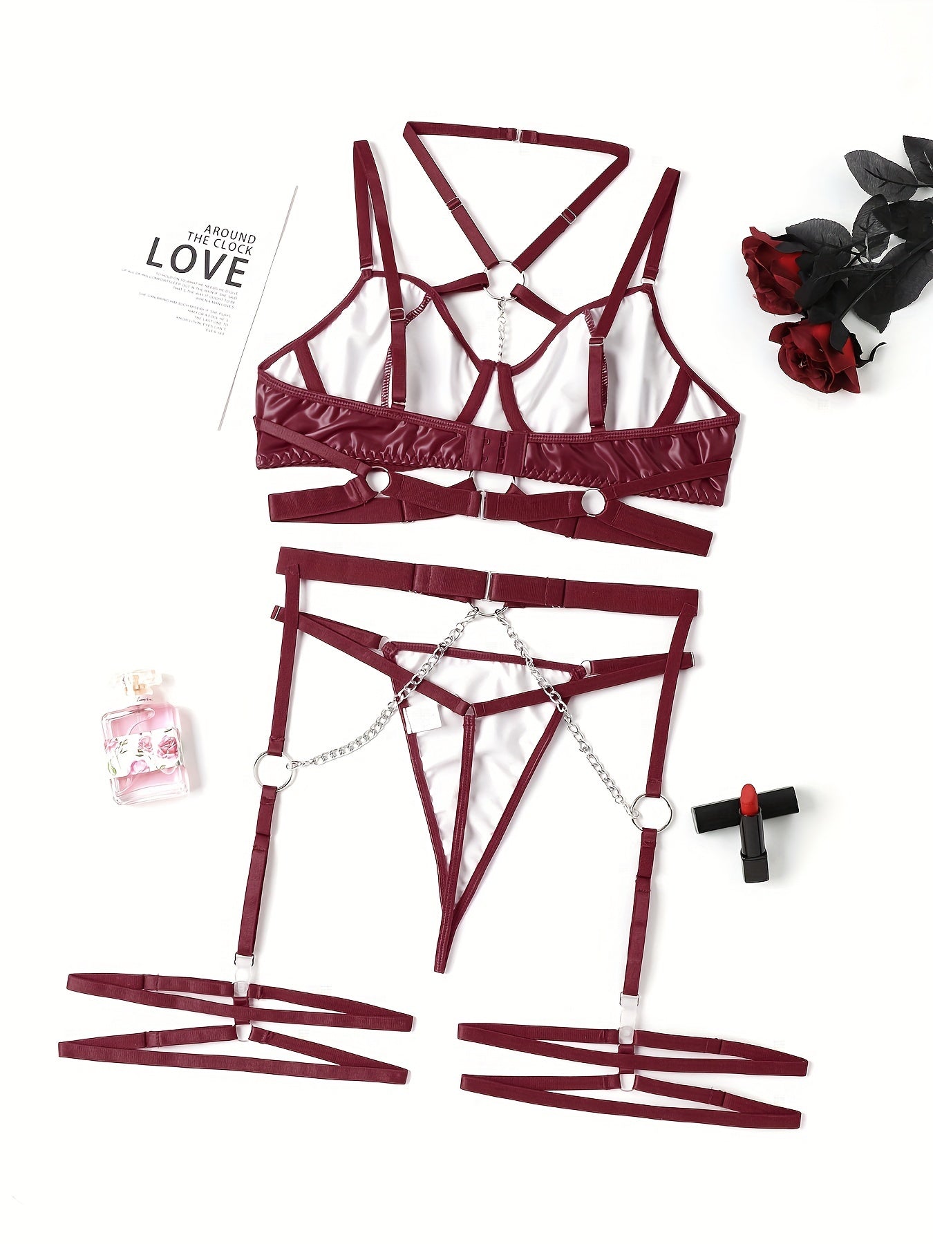 Women's Punk Lingerie Set with Ring-Link Strappy Design Halter Plunge Bra Garter Belt Thong