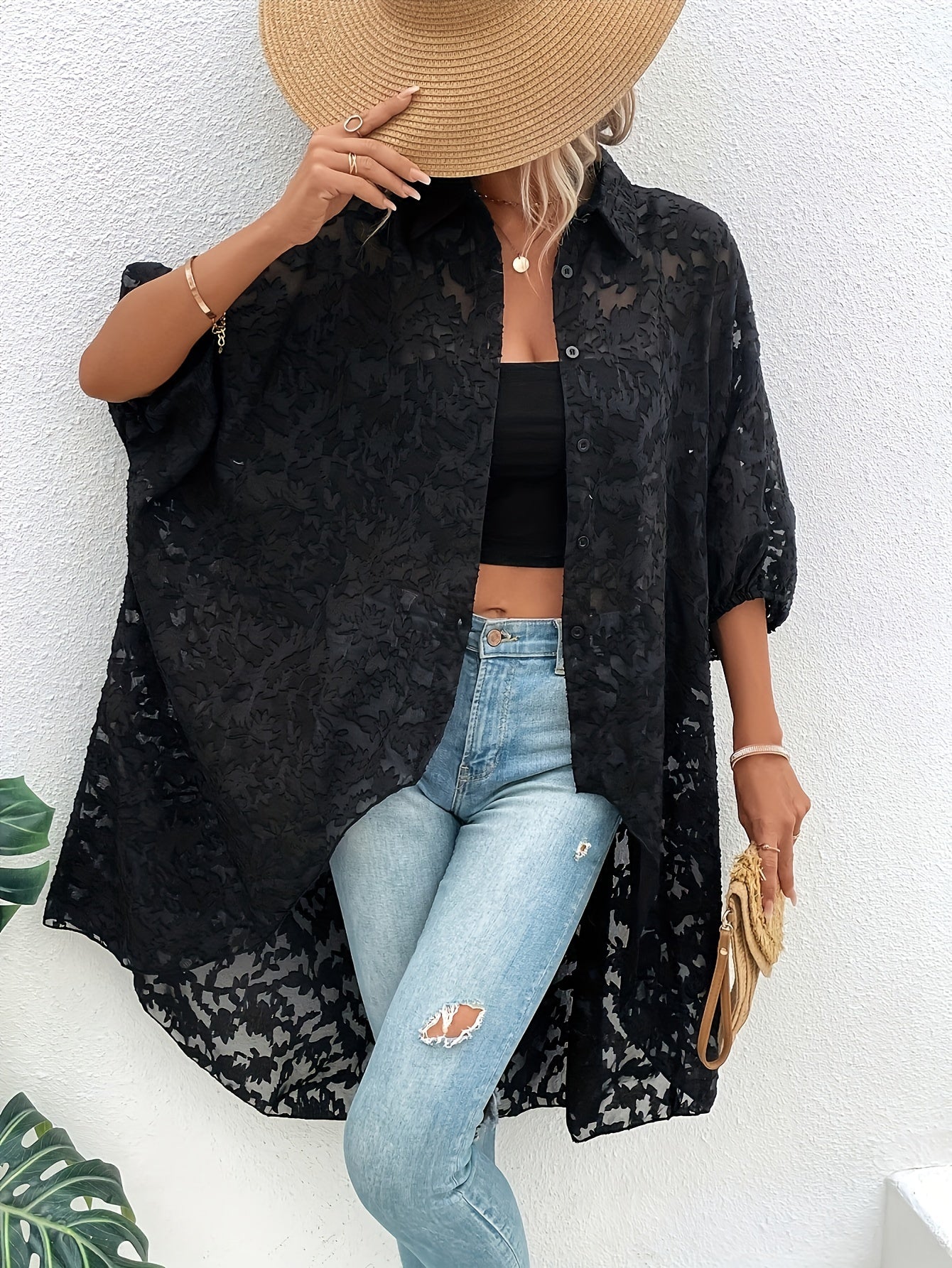 Jacquard Yuqori Past Qirralar Bluzka, Qanotli Yengli, Katta O'lchamdagi Ayollar Kiyimlari