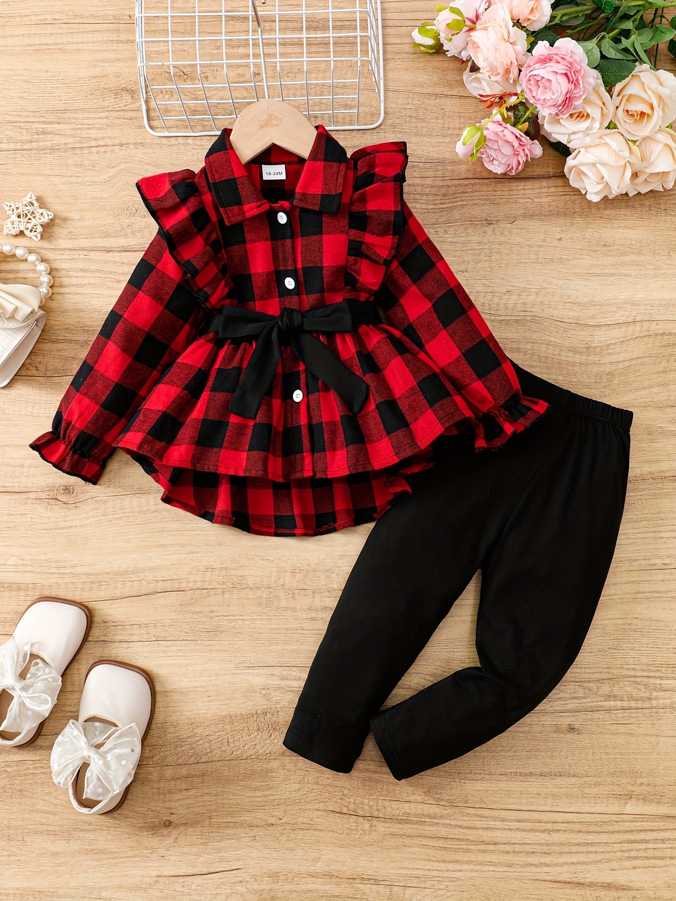 Baby Girl Ruffled Plaid Blouse and Belted Pants Set for Spring Fall Outdoor Wear