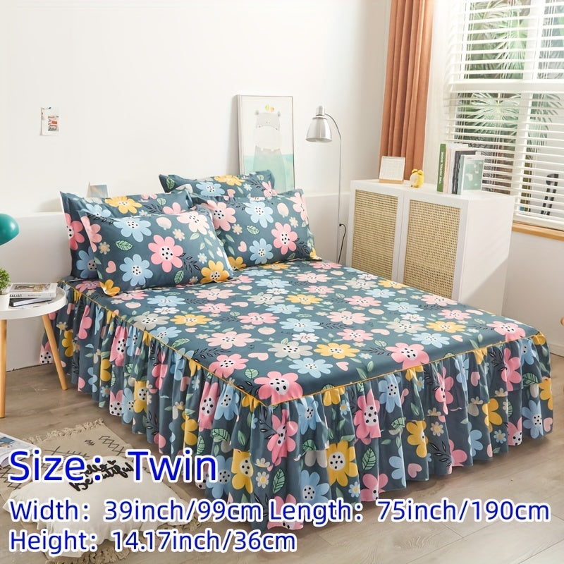 Three-Piece Macrame Bed Skirt Set with Flower Print Non-Slip Bedding for All Seasons