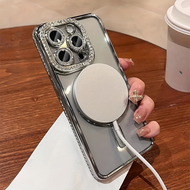 Magnetic Rhinestone Phone Case for iPhone 11-16 TPU Wireless Charging Magsafe Lens Protection