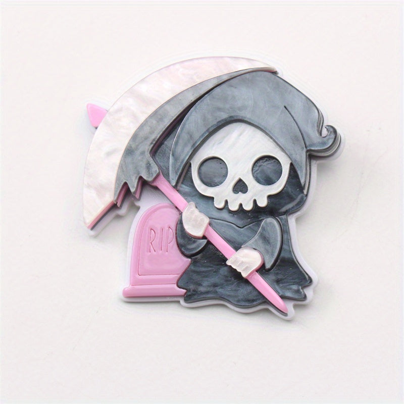 Halloween Costume Accessory Brooch, Grim Reaper Hand Scythe and Tombstone Pin, Acrylic Halloween Jewelry