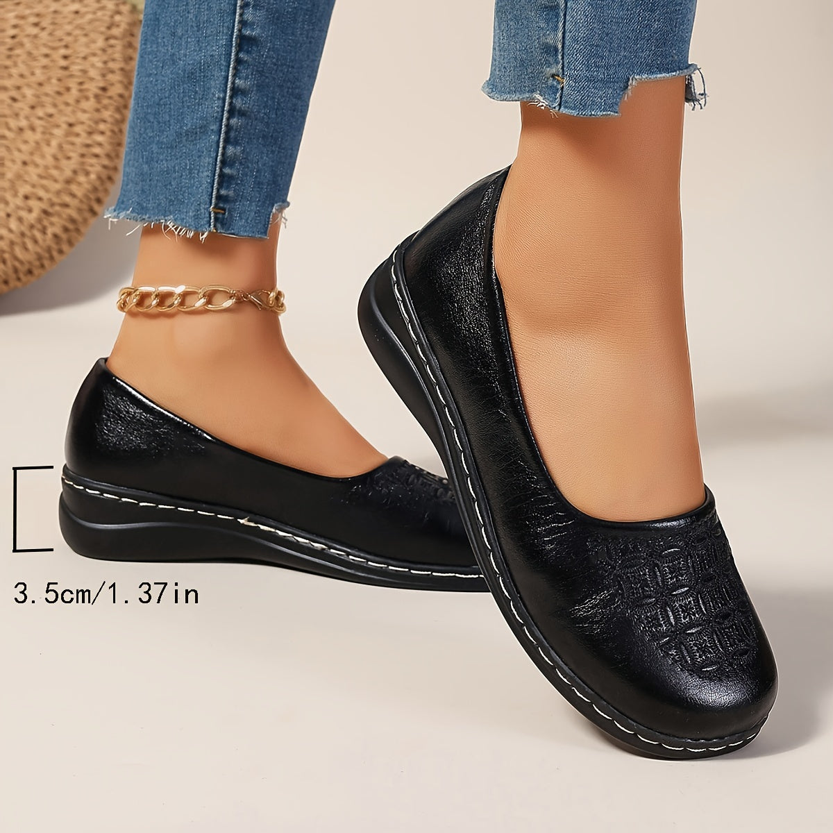 Women's Leather Slip-On Loafers with Embroidered Design and Cushioned Insole