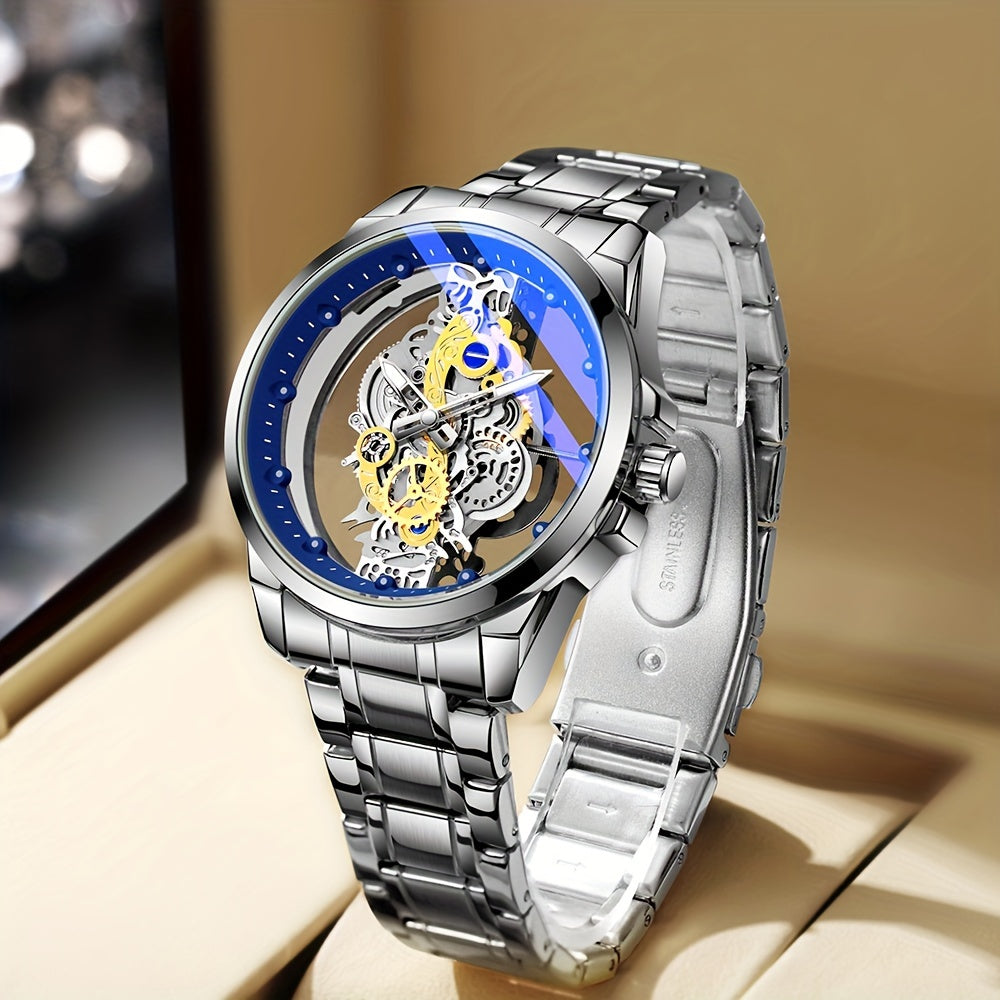 Men's Steel Band Watch with Luminous Openwork Sheer Bottom Quartz Watch Gift