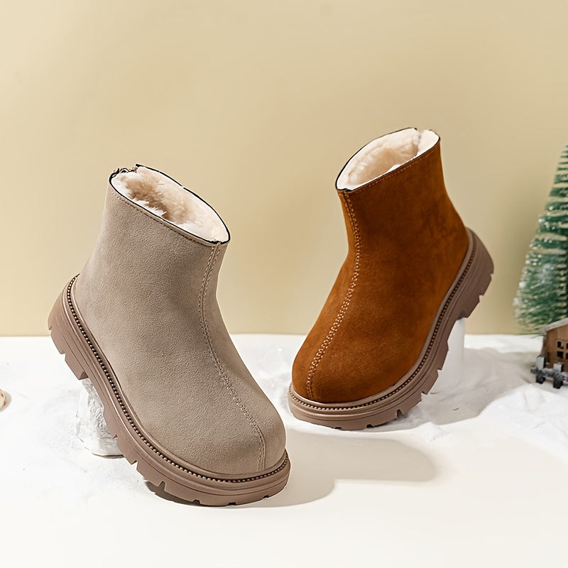 Kids Winter Ankle Boots with Plush Lining, Brown Fabric, Side Zipper, Casual Snow Booties