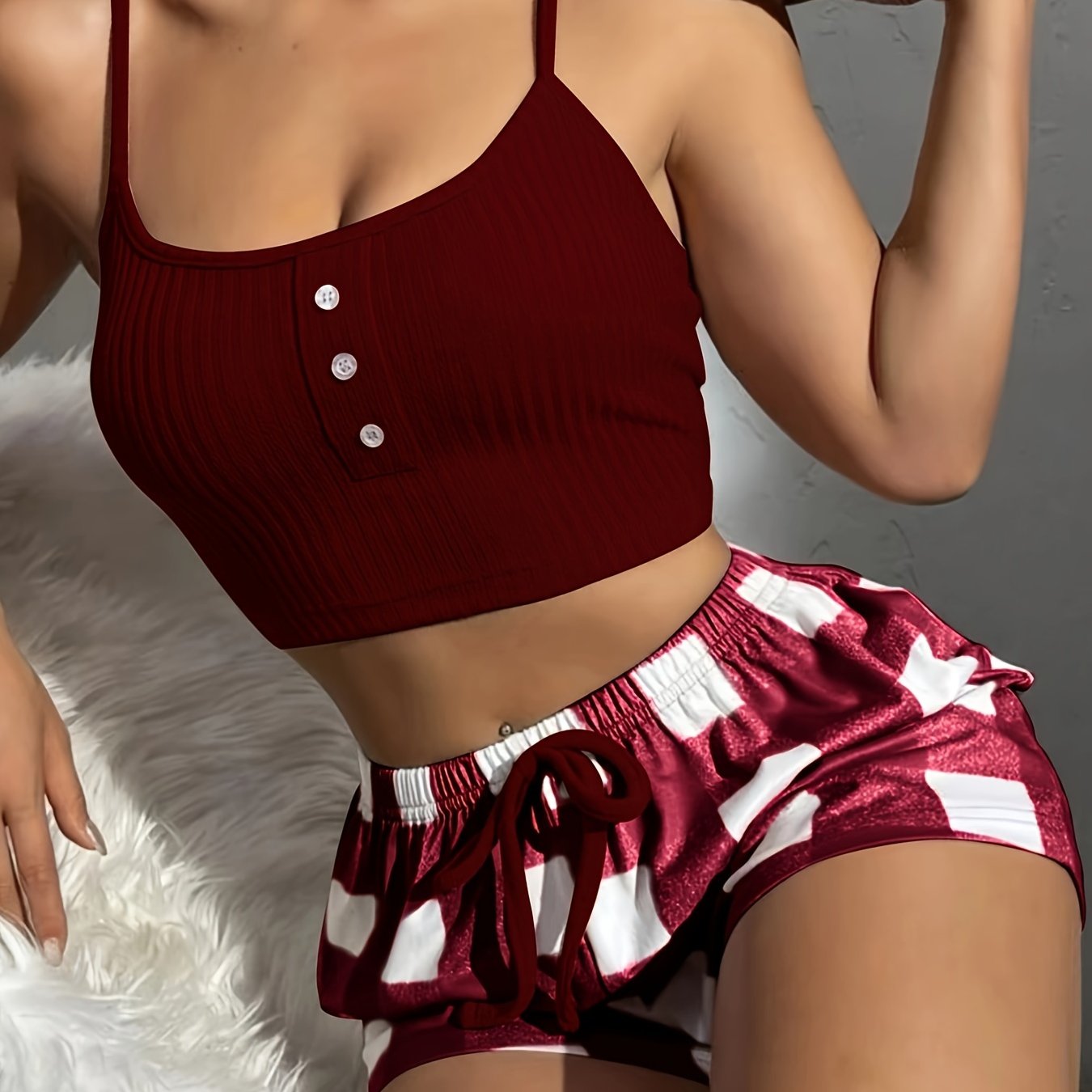 Adult Plaid Polyester Lingerie Set with Button-Up Bra and Shorts