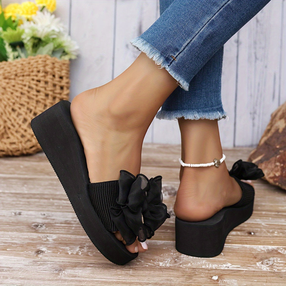 Women's Floral Wedge Slide Sandals Open Toe Casual Beach Fabric