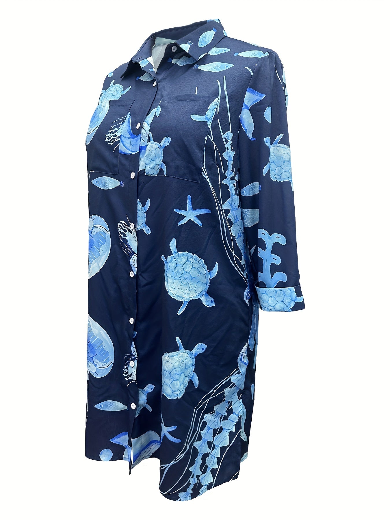 Plus Size Women's Long Sleeve Shirt Cartoon Fish Aquatic Print Comfortable Fit