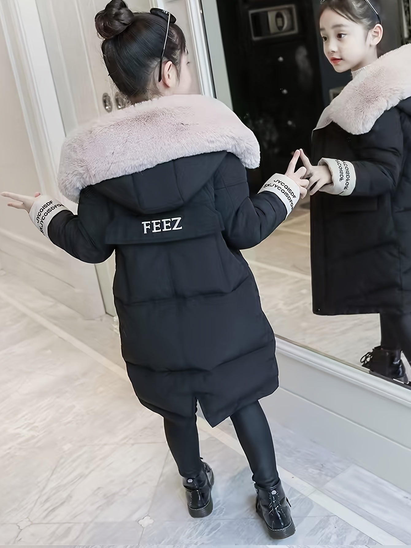 Girls Winter Puffer Coat with Faux Fur Hood Embroidered Alphabet Skinny Fit
