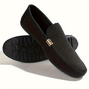 Men's Black Canvas Loafers with Metal Decor Round Toe Casual Outdoor Shoes