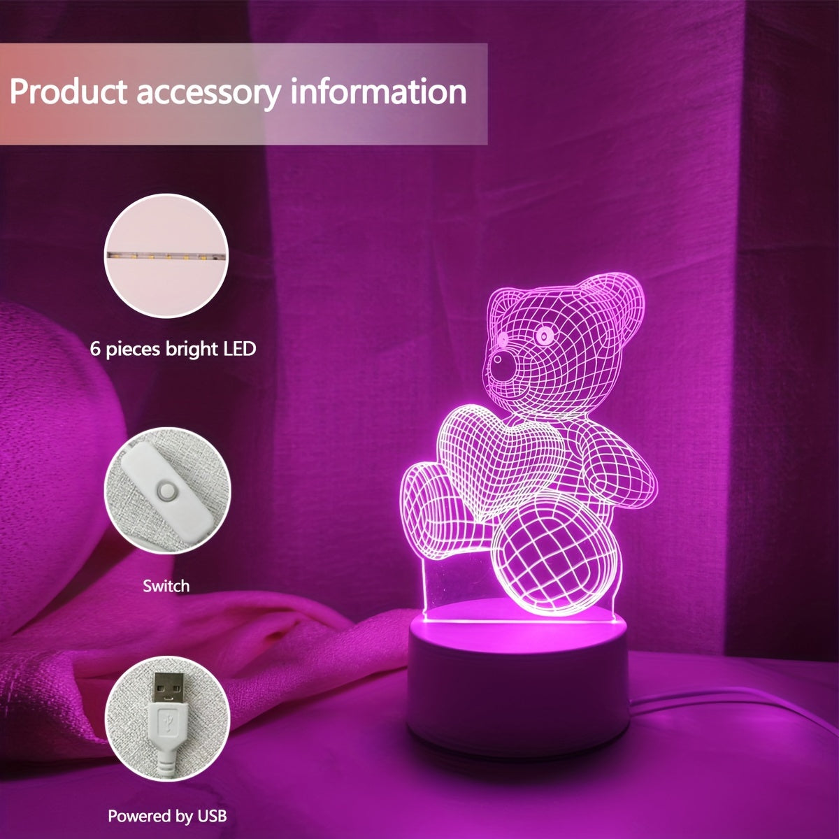 3D Pink Heart Bear Night Light USB Powered Switch Control Modern Bedroom Decor
