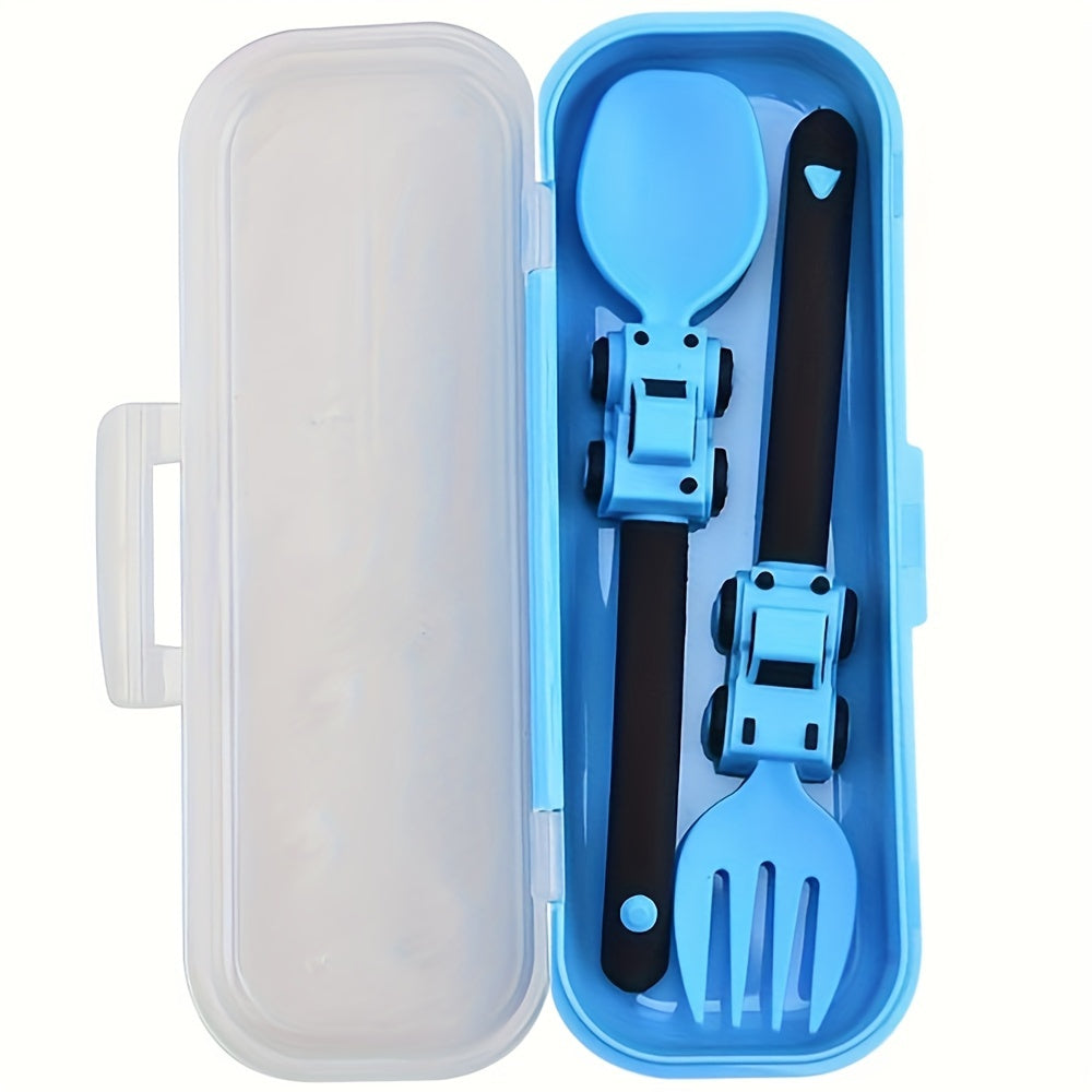 Kids' Cartoon Truck Fork and Spoon Set Non-Toxic Easy-Hold Feeding Utensils in Various Colors