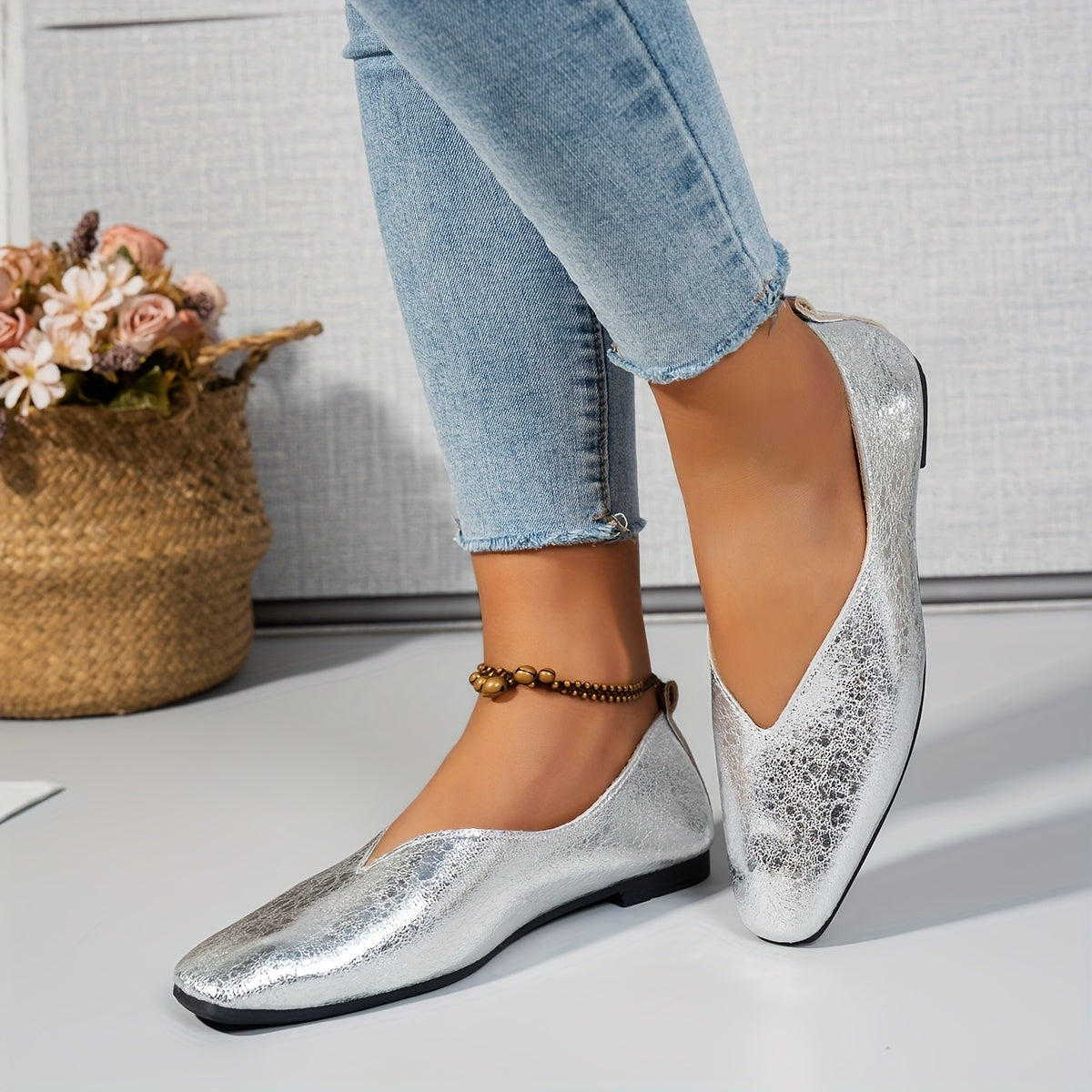 Women's Square Toe Flat Shoes Leather Low Heel Comfortable Work Shoes