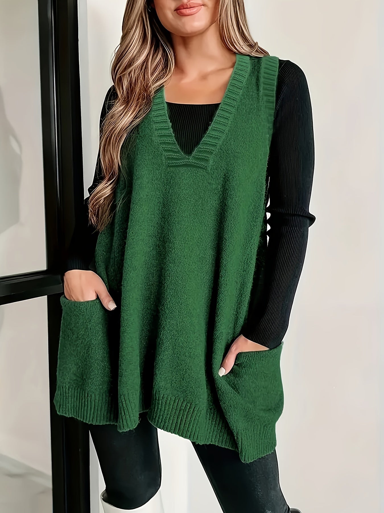 Plus Size Knitted Sweater Vest V-Neck Sleeveless Top Fall Winter Women