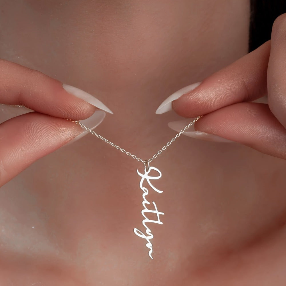 Personalized Stainless Steel Name Necklace Vertical Pendant Cursive Script for Women