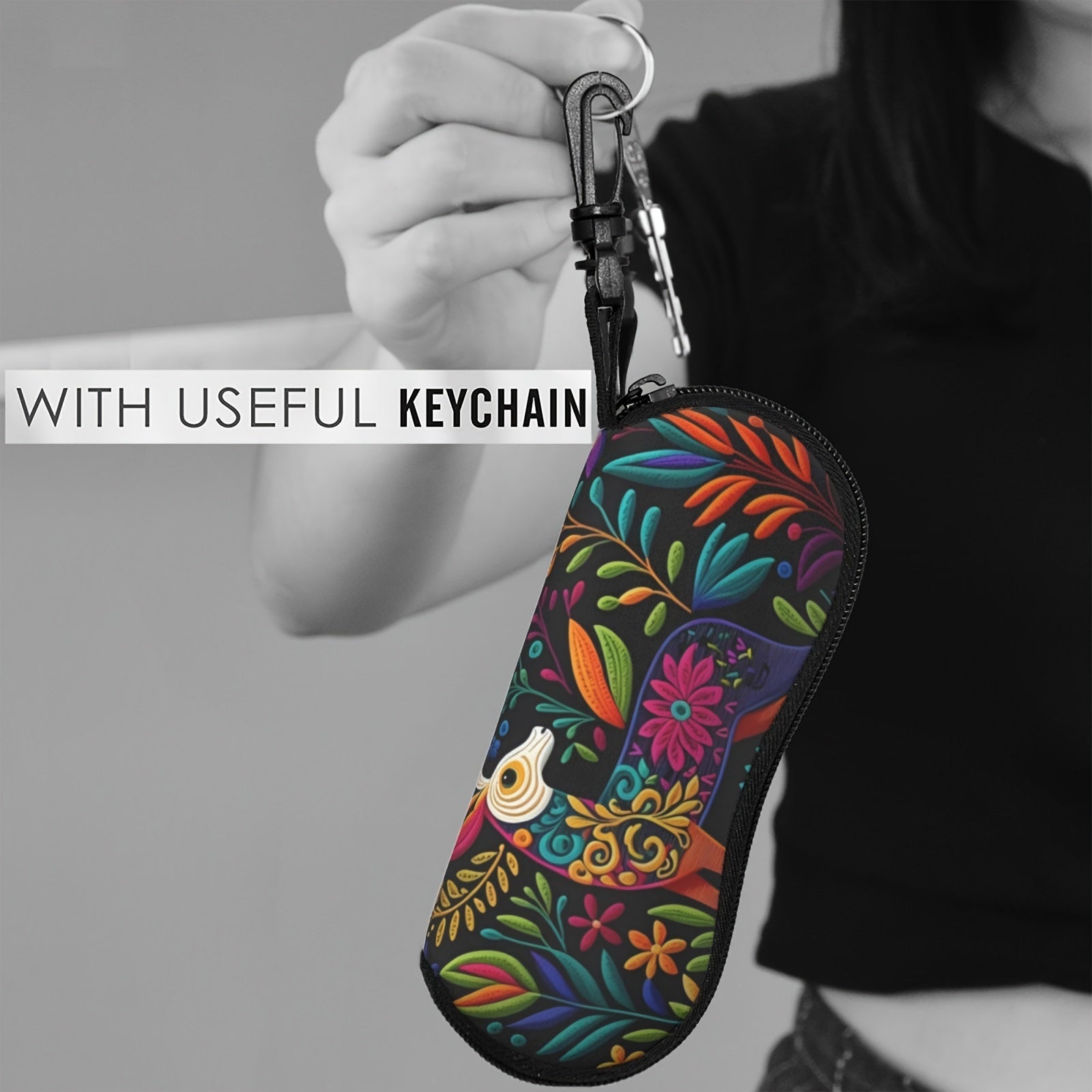 Mexican gullar san'ati dizayni bilan kalit zanjiri bo'lgan suv o'tkazmaydigan ko'zoynak qutisi. Ultra-yengil va yumshoq neopren materialidan tayyorlangan, bu o'qish ko'zoynaklari ushlagichi erkaklar va ayollar uchun mukammaldir.