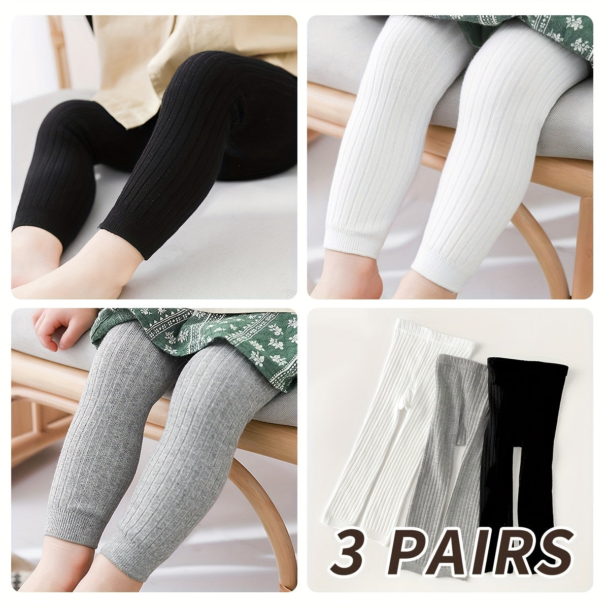 Baby Girls' Knit Leggings 3-Pack Polyester Spandex All-Season Toddler Tights