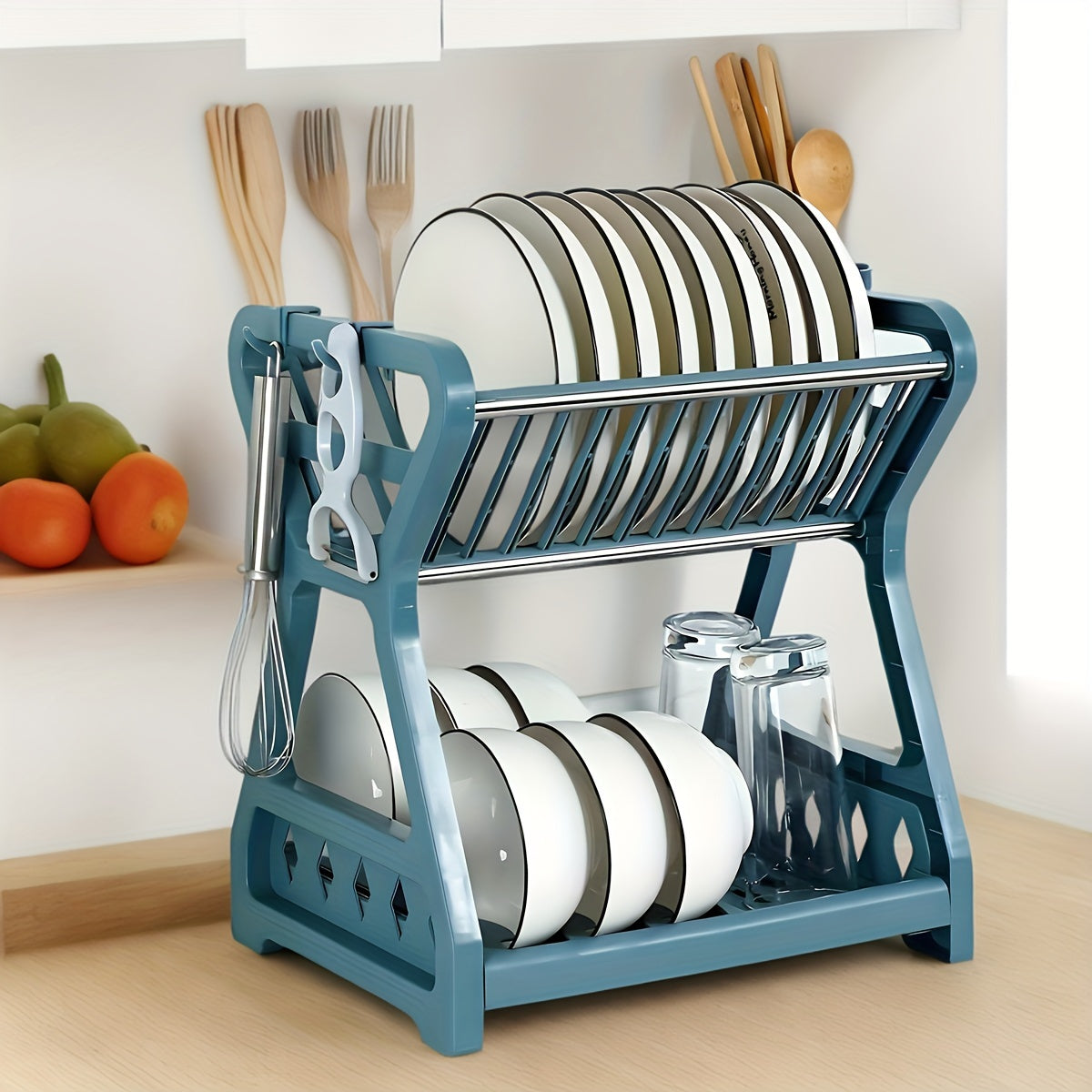 Plastic Kitchen Dish Rack Two Tiers Open Storage No Wood No Electricity