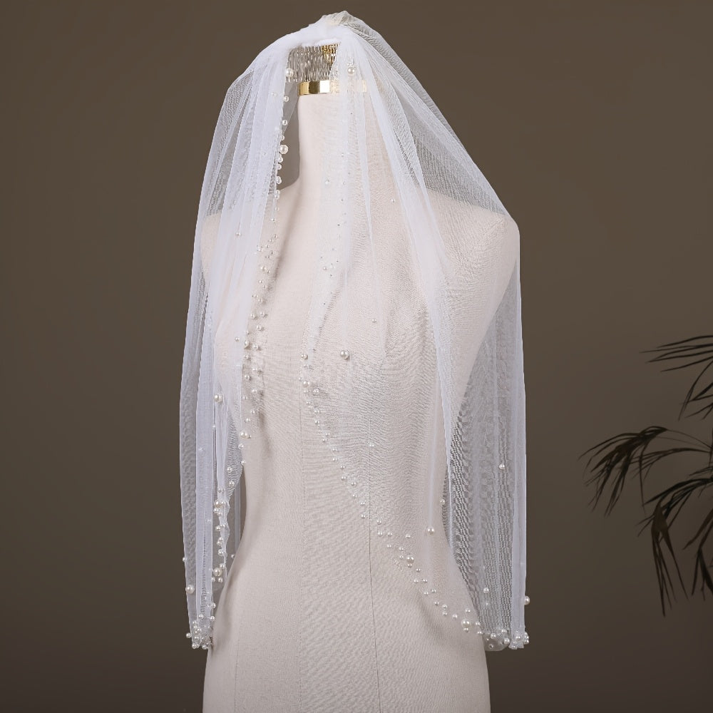 Beaded Wedding Veil with Pearls for Brides Elegant Bridal Accessory