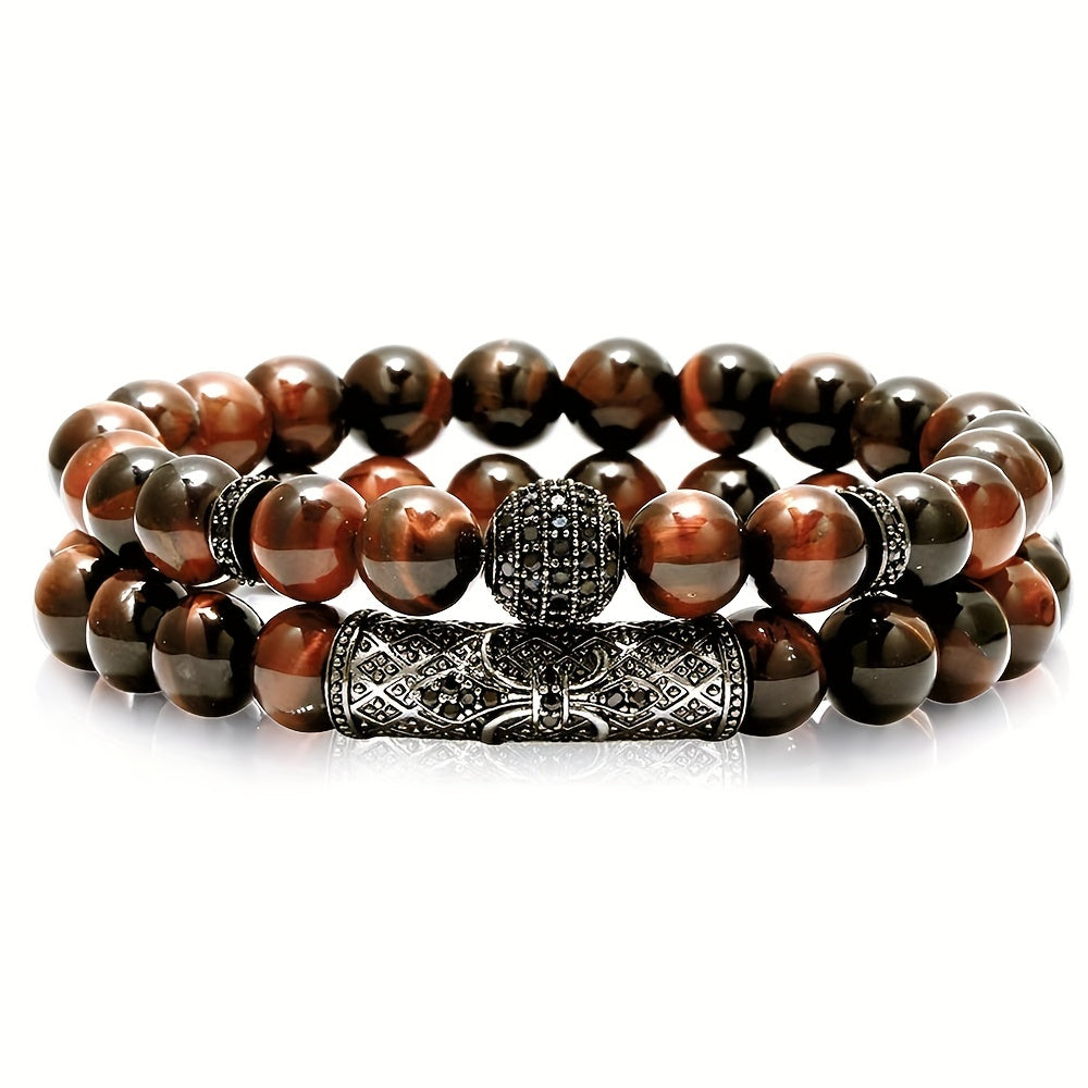 Set of 2 Tiger Eye Beaded Bracelets 8mm Stretchy Yoga Accessories for Men