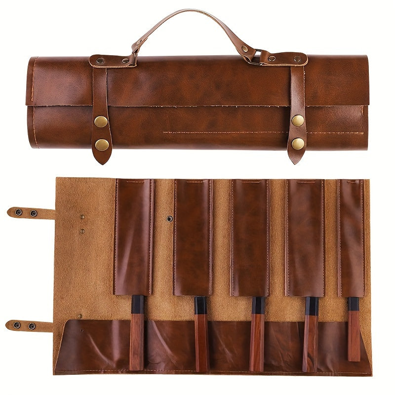 Leather Chef Knife Roll Bag Portable Folding Kitchen Tool Organizer