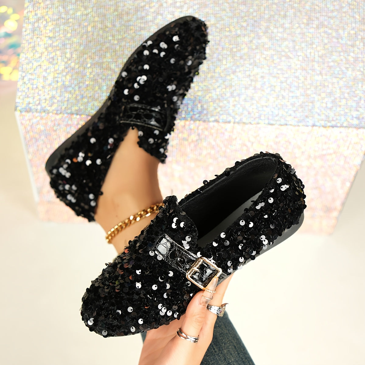 Women's Sequin Embellished Mary Jane Flats Casual Round Toe Slip-On All-Season Comfort