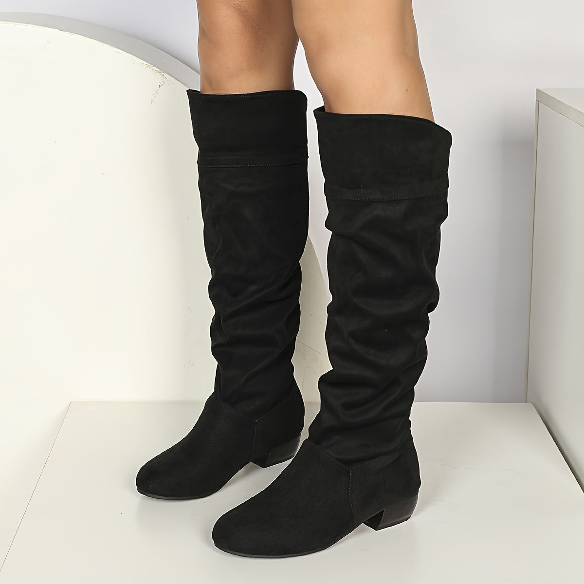 Women's Mid-Calf Stretch Boots Chunky Heel Slip-On Solid Color
