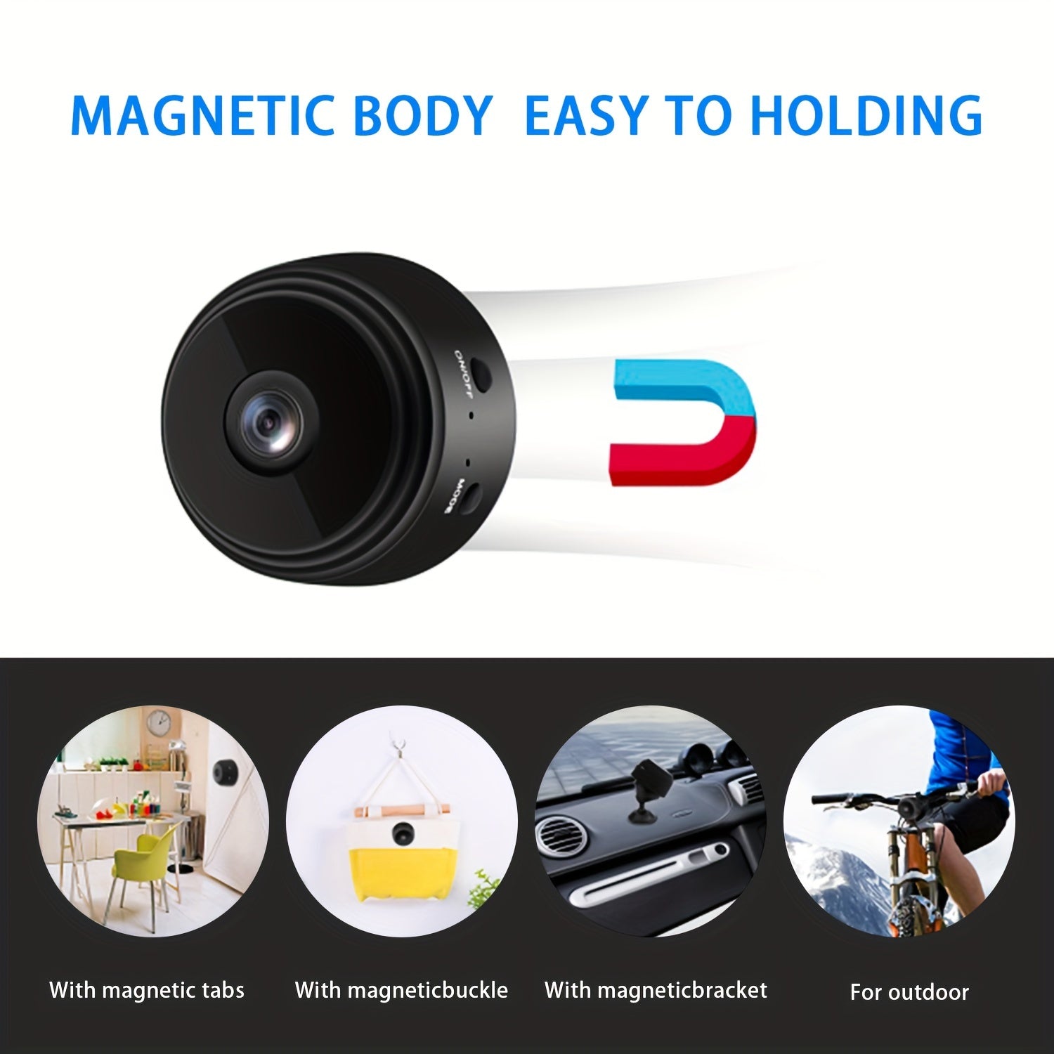 Aqlli uy xavfsizligi uchun eng yaxshi tanlov: magnit tutqichi bilan ixcham simsiz mini kamera, WiFi ulanishi, qayta zaryadlanadigan batareya, USB qo'llab-quvvatlashi, 480P rezolyutsiyasi va masofadan monitoring qilish imkoniyatlari.