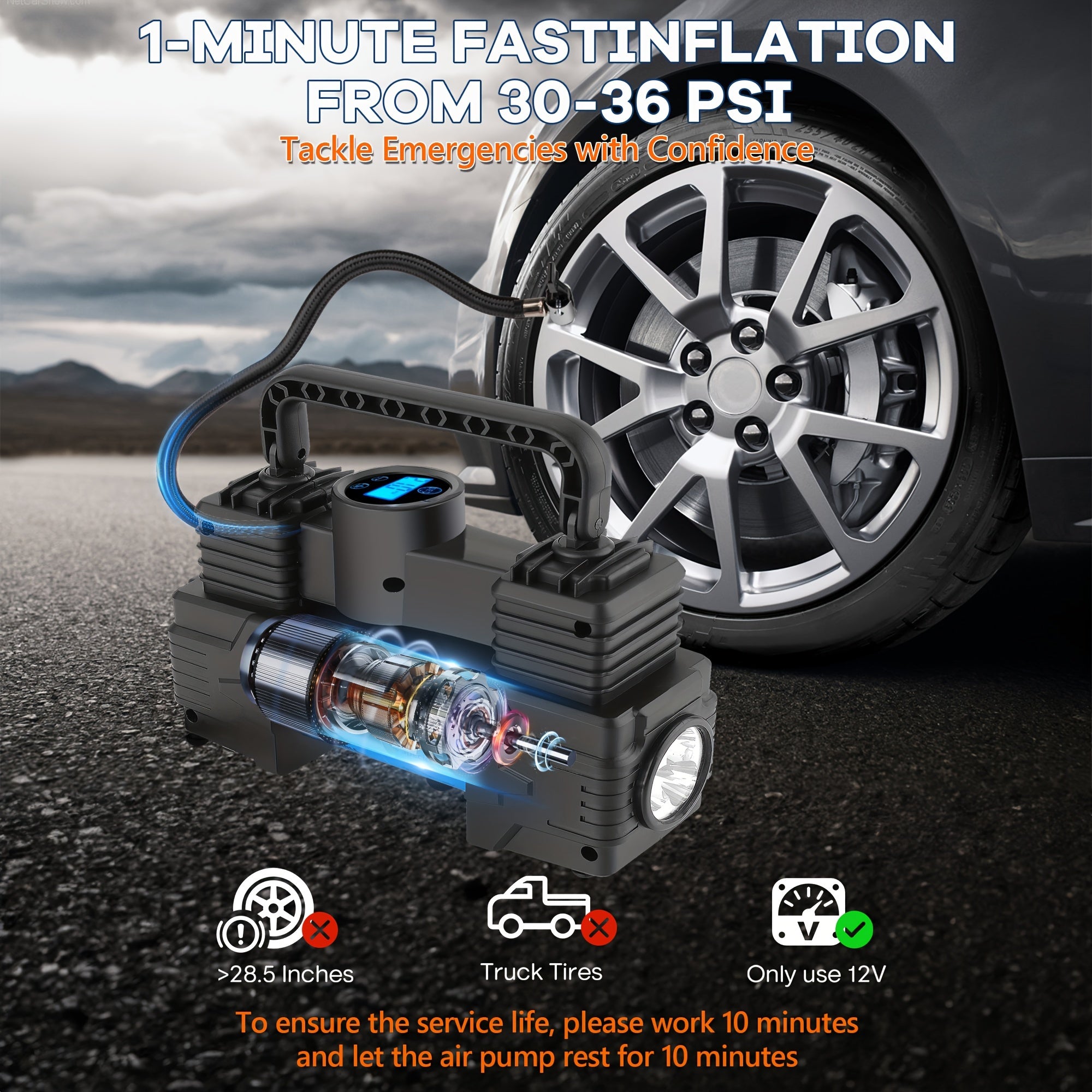 Portable MESHUBA shinalarni inflatsiya qiluvchi: 12V havo kompressori, 150PSI nasos va raqamli o'lchov bilan avtomobillar, velosipedlar va boshqalar uchun, to'q sariq rangda.