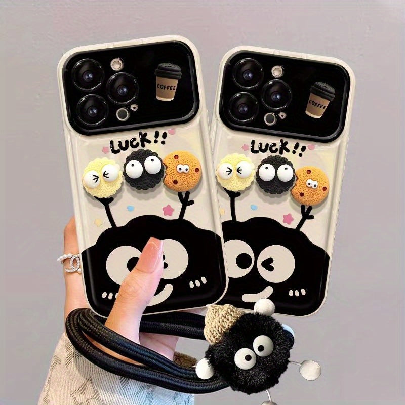 Large Window Flip Mirror Phone Case for iPhone with Coal Ball Coffee Doll Design Full Cover Edge Anti-Fall TPU