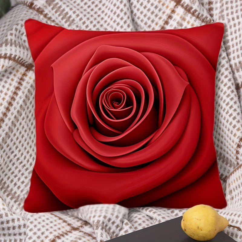Valentine's Day Red Rose Pillow Cover with Floral Heart Design Polyester Blend Zippered Cushion Case for Sofa Bed Office Decor