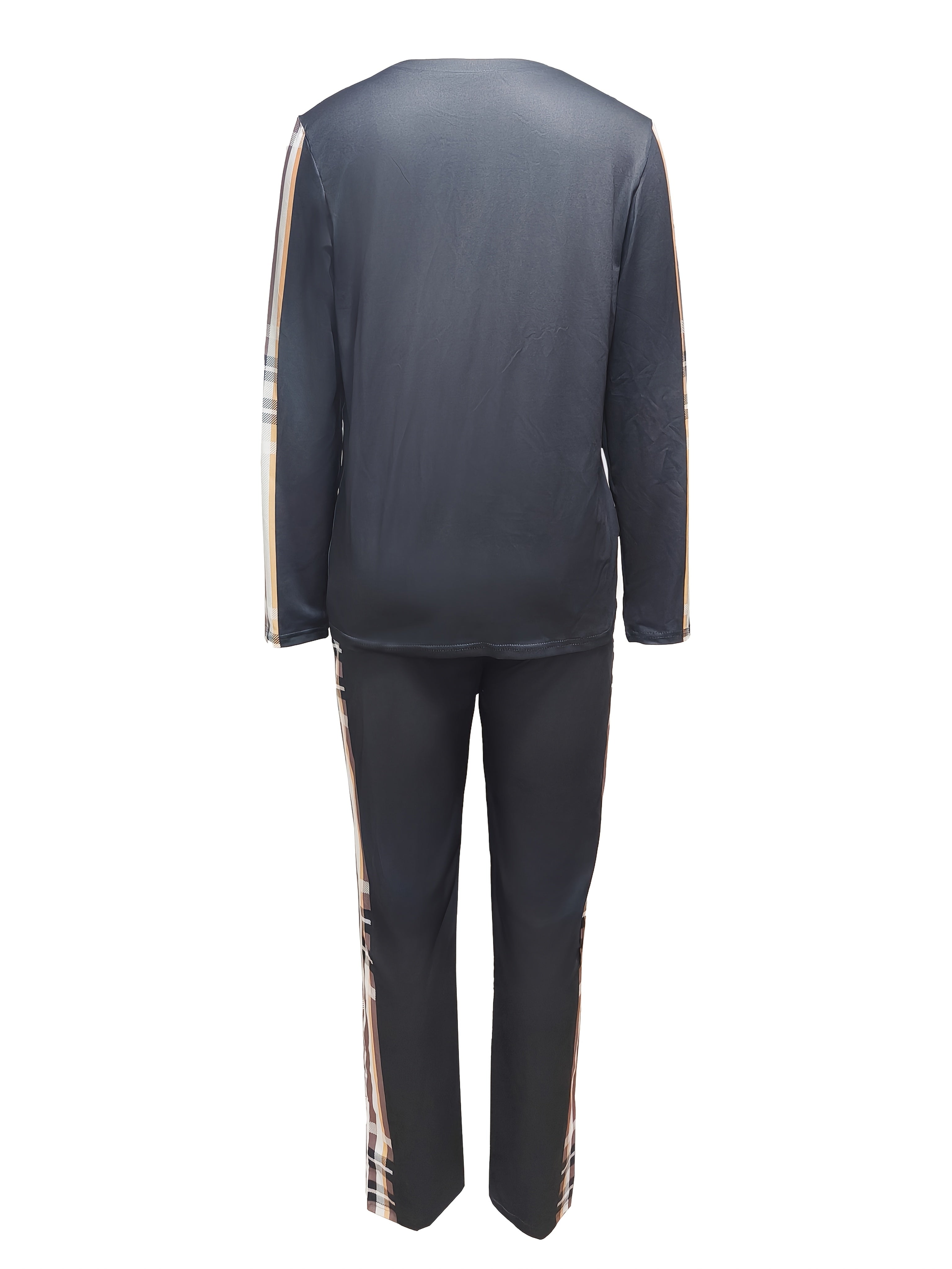 Women's Plaid Print Spandex Knit Jumpsuit with Crew Neck Pockets for Fall Winter