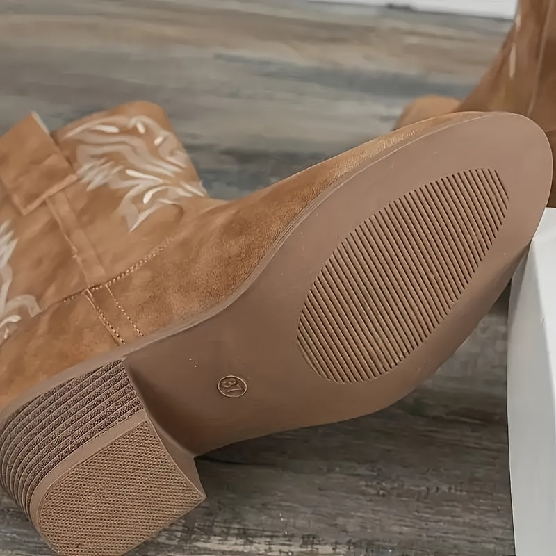 Women's Western Cowboy Boots Mid-Calf Slip-On Brown Synthetic Leather