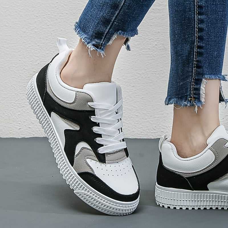 Women's Casual Low-Top Lace-Up Sneakers Black White Tan Color Block Non-Slip PVC Sole