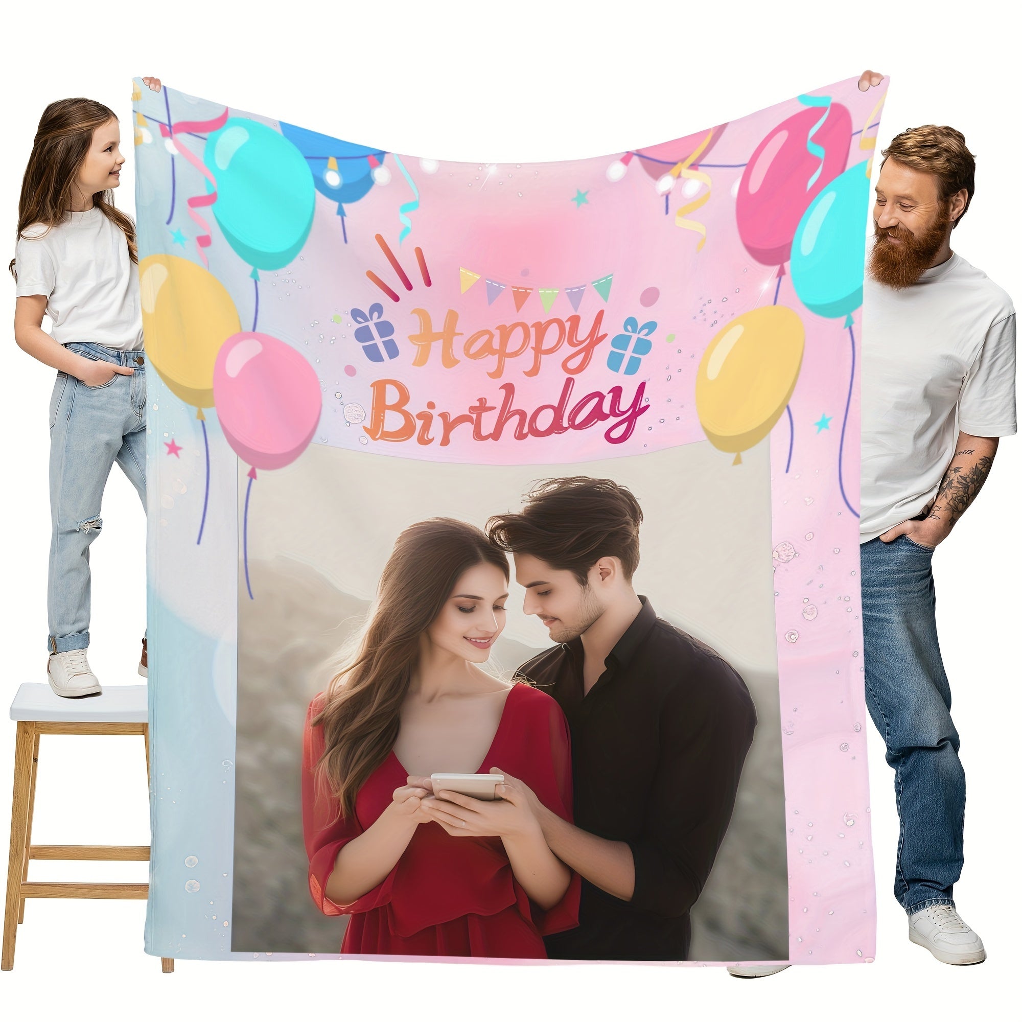 Personalized Photo Blanket with Balloons and Happy Birthday Message for Kids