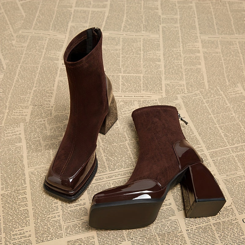 Women's Ankle Boots High Block Heel Square Toe Zipper All-Season Dress