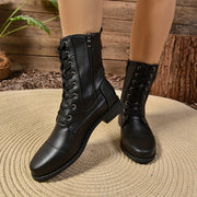 Women's Motorcycle Boots Mid-Calf Leather Zipper Buckle Casual