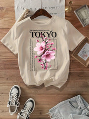 Camiseta de mujer de talla grande con estampado de cerezos en flor, mezcla de poliéster, top de gran tamaño