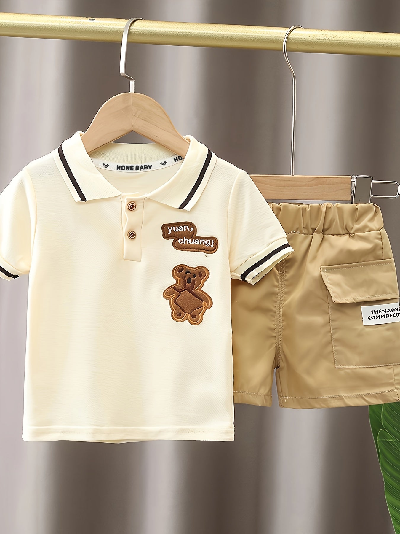 Baby Boy Summer Outfit Cotton Short Sleeve Polo Shirt and Pocket Shorts with Bear Embroidery
