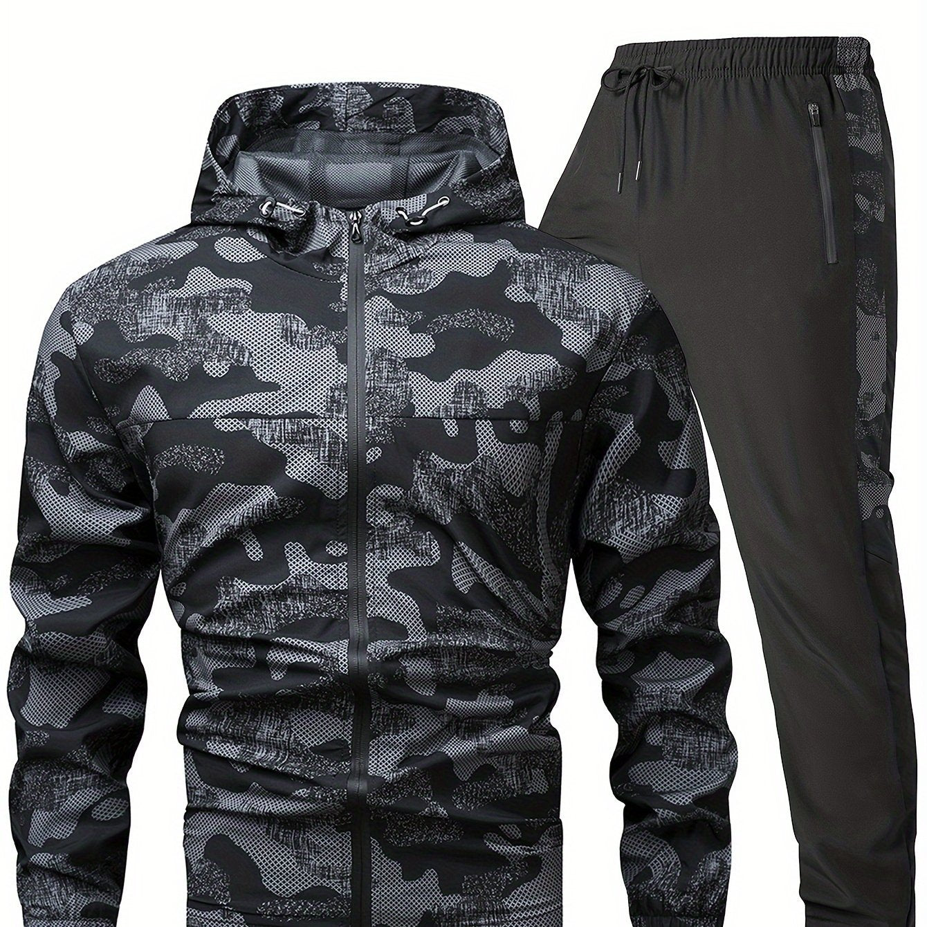 Men's Camouflage 2-Piece Casual Outfit Hooded Jacket and Breathable Pants