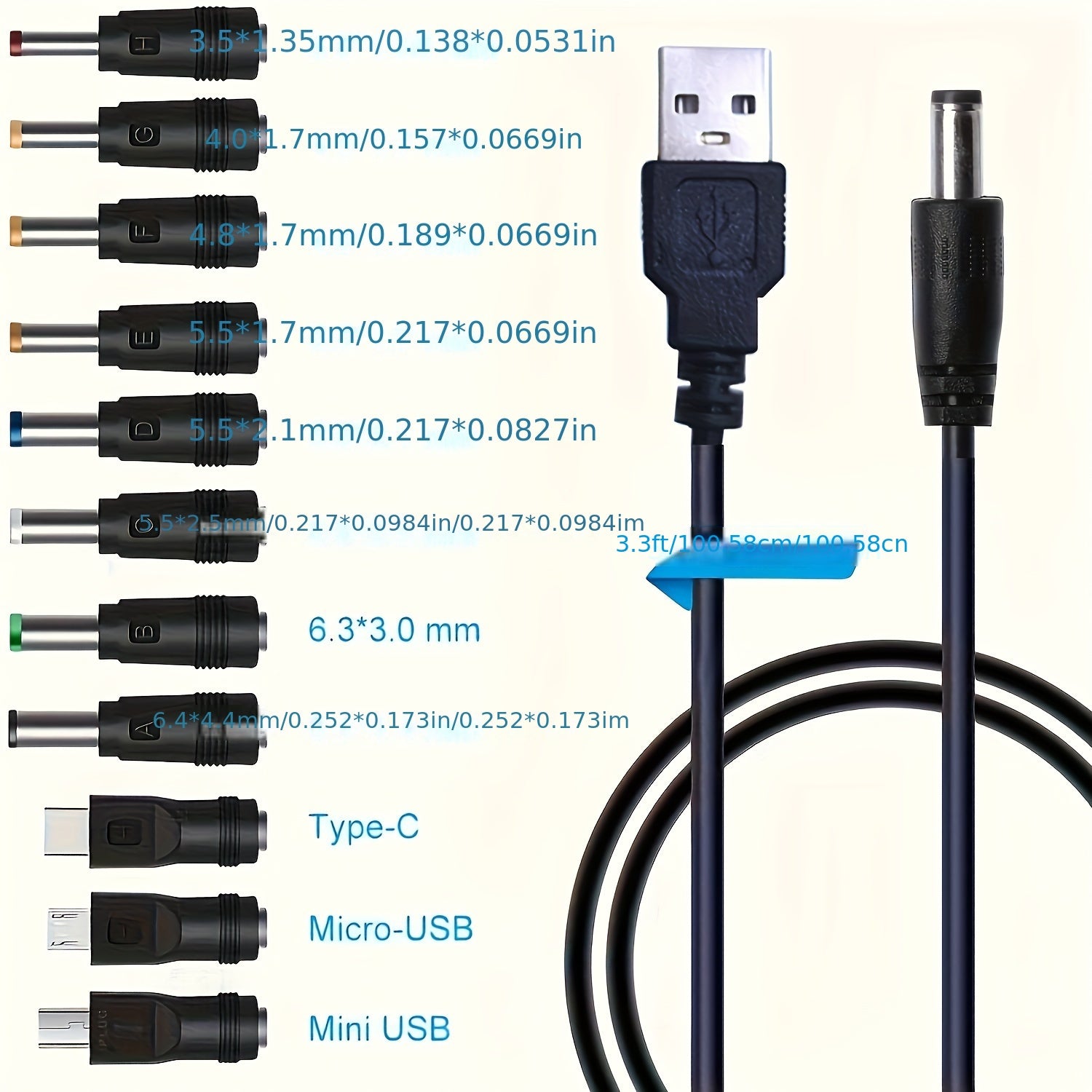 11-in-1 USB Charging Cable Set with Universal 5V DC Jack and Interchangeable Connectors