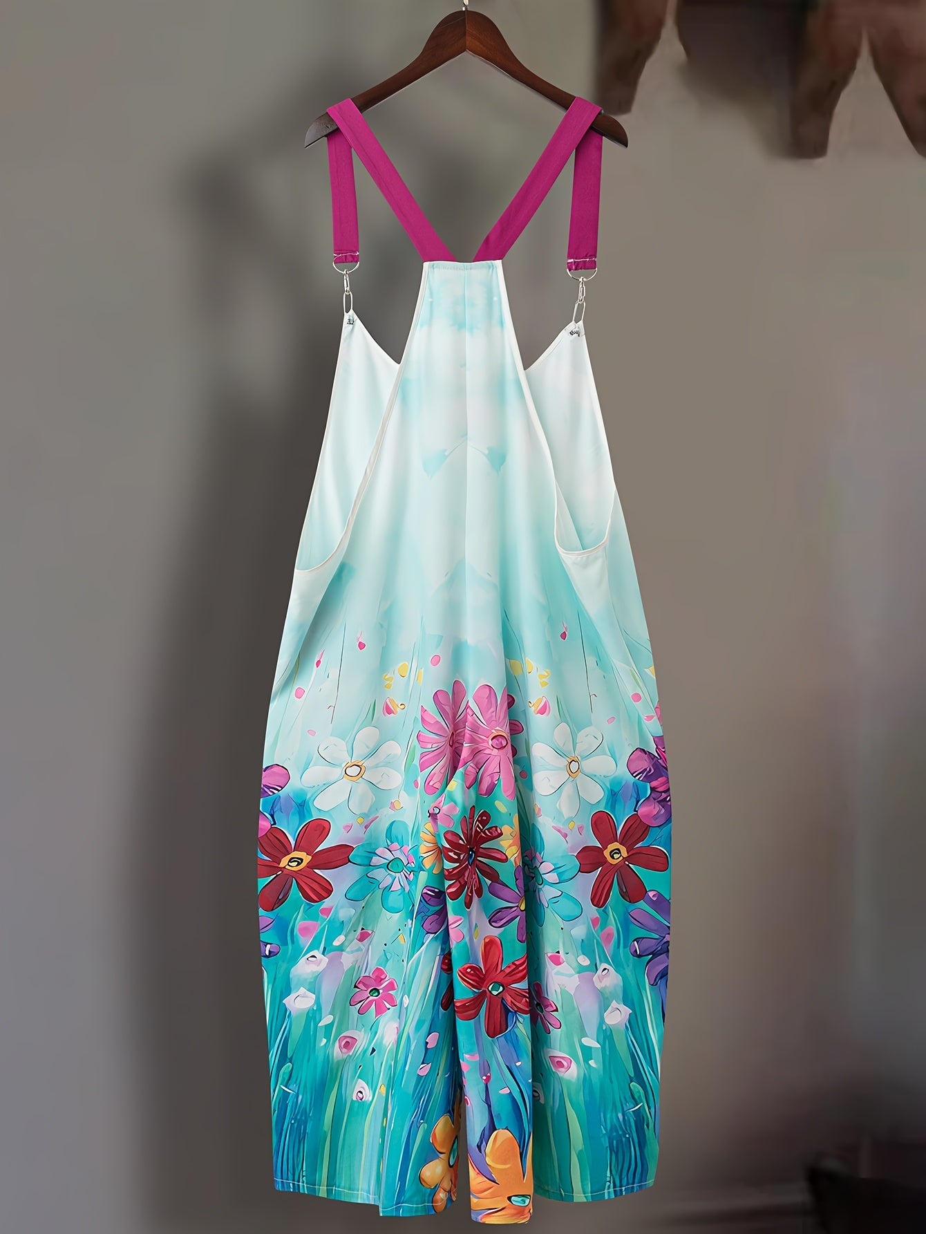 Women's Black Floral Print Suspender Jumpsuit Casual Polyester Round Neck