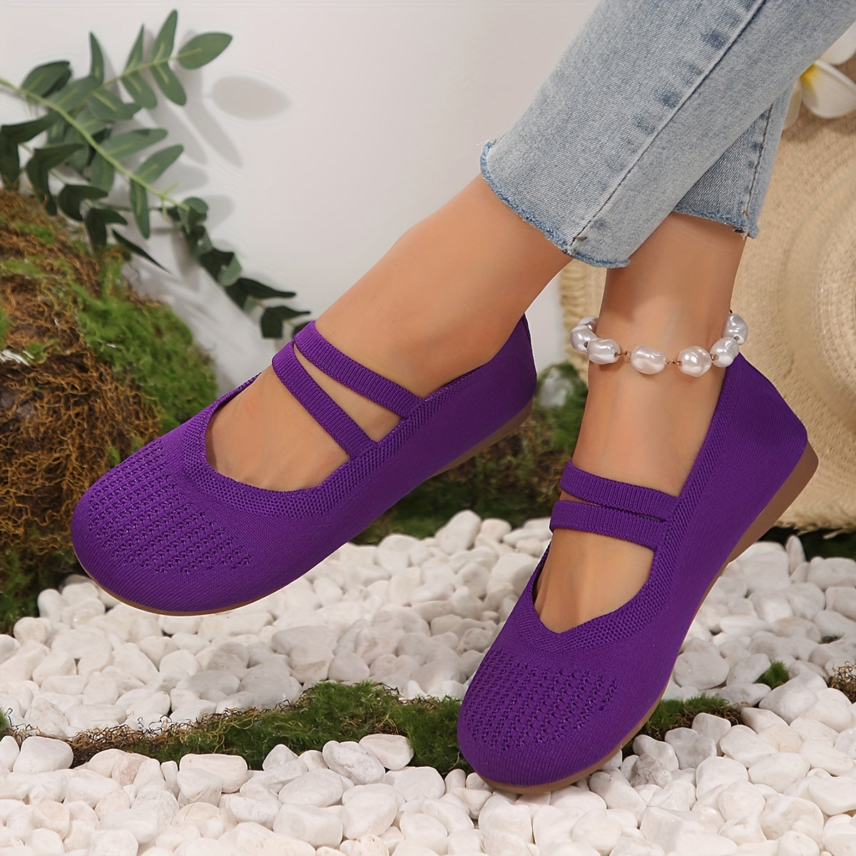 Women's Knitted Flats Ankle Band Breathable Slip-On Shoes