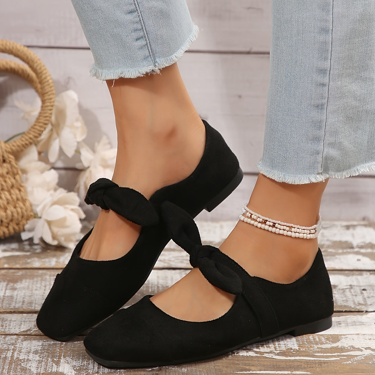 Women's Mary Jane Flats with Bowknot Solid Color Slip-On Dress Shoes