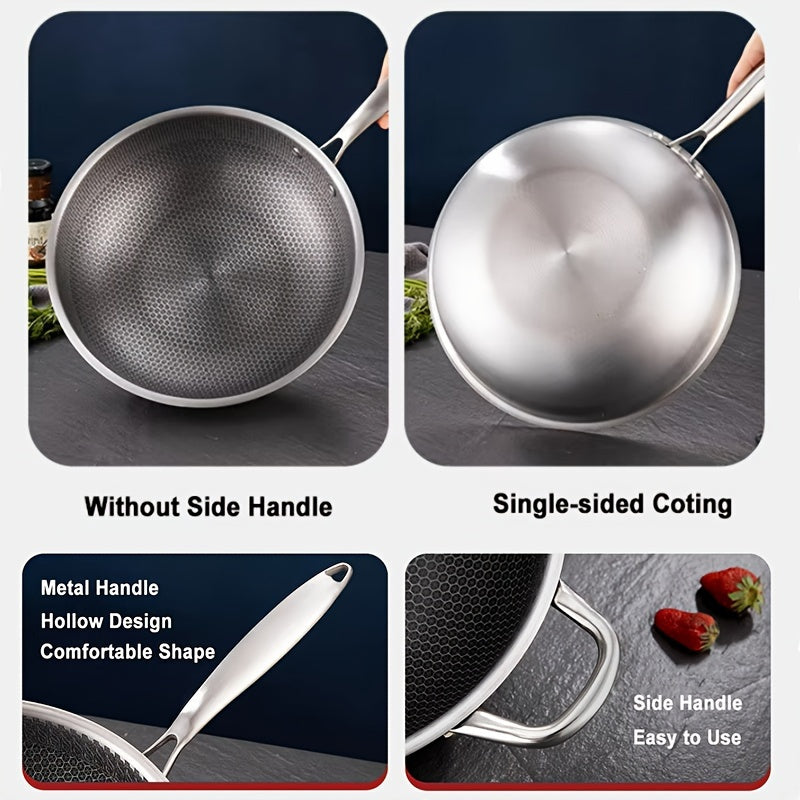 Sartén wok de acero inoxidable con tapa de vidrio, antiadherente, apta para inducción, gas, adecuada para huevos de pescado, filetes