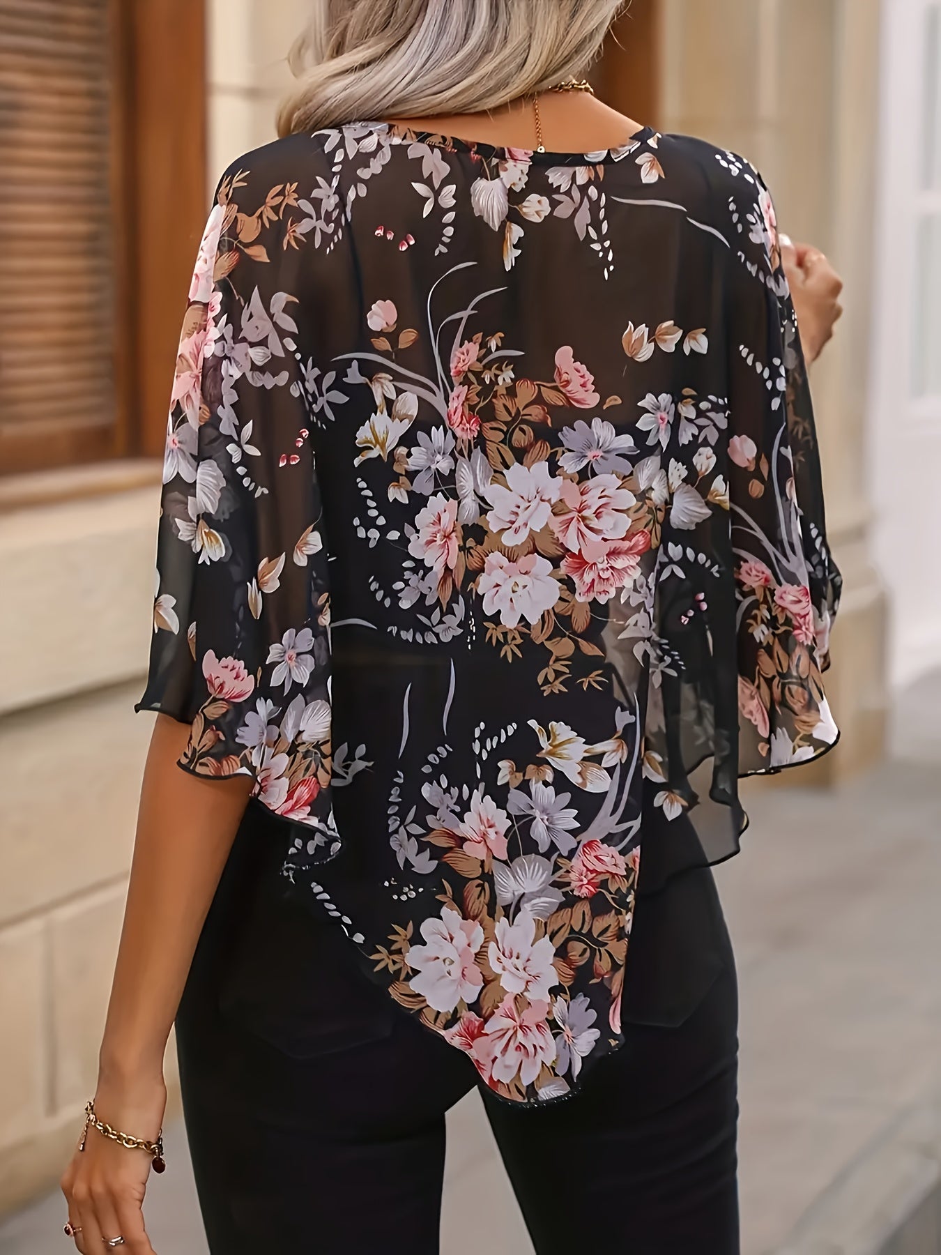 Women’s Floral Print Asymmetrical Hem Blouse Semi-Sheer Spring Summer Polyester