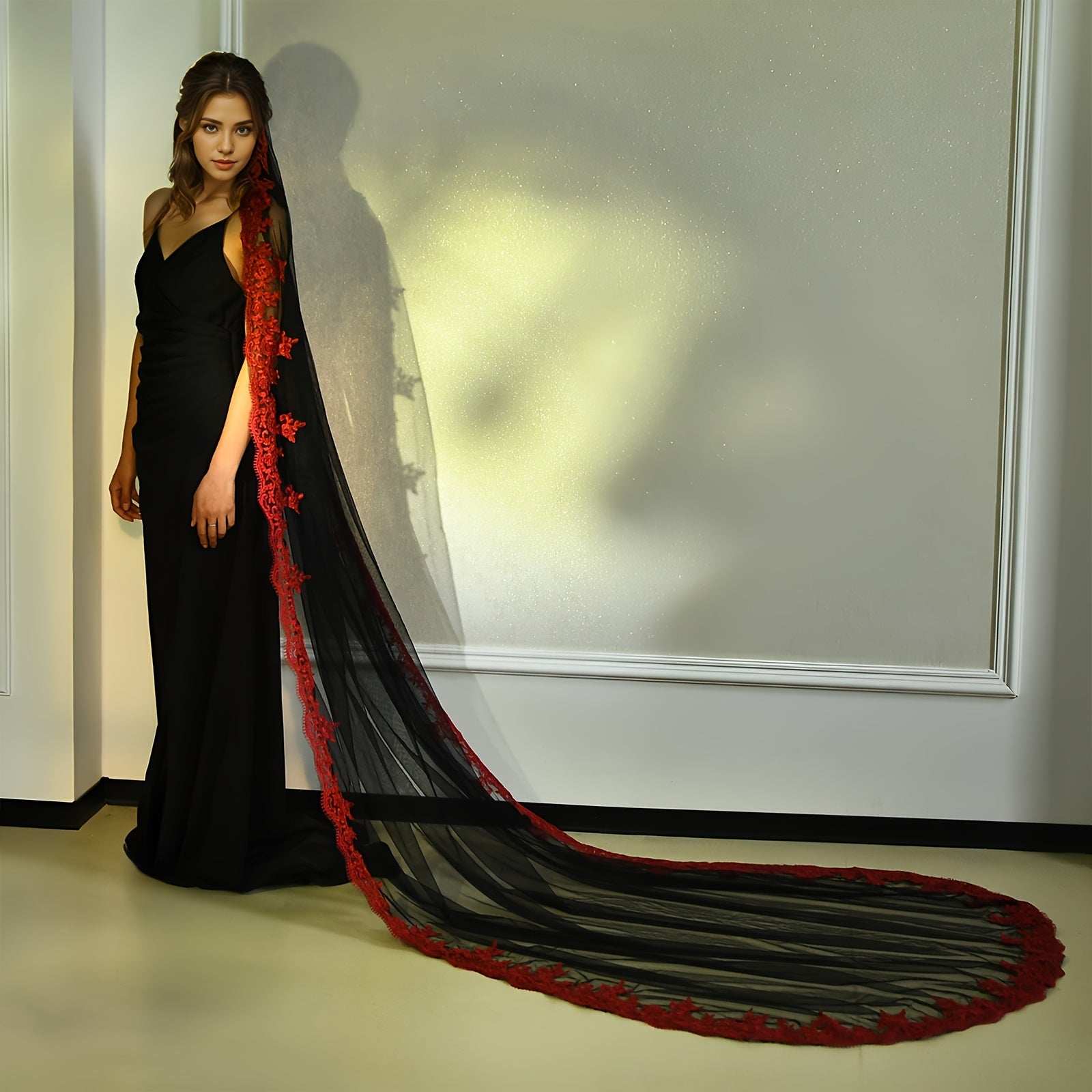 Velo de novia con peine de 3 m de largo, negro burdeos, con bordado, accesorio de boda